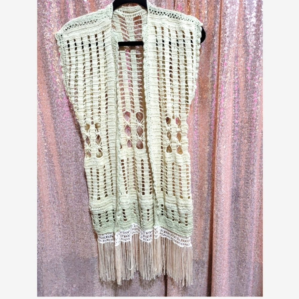 Small Boho Fringe Trim- Macrame Open Front Cardigan Vest-